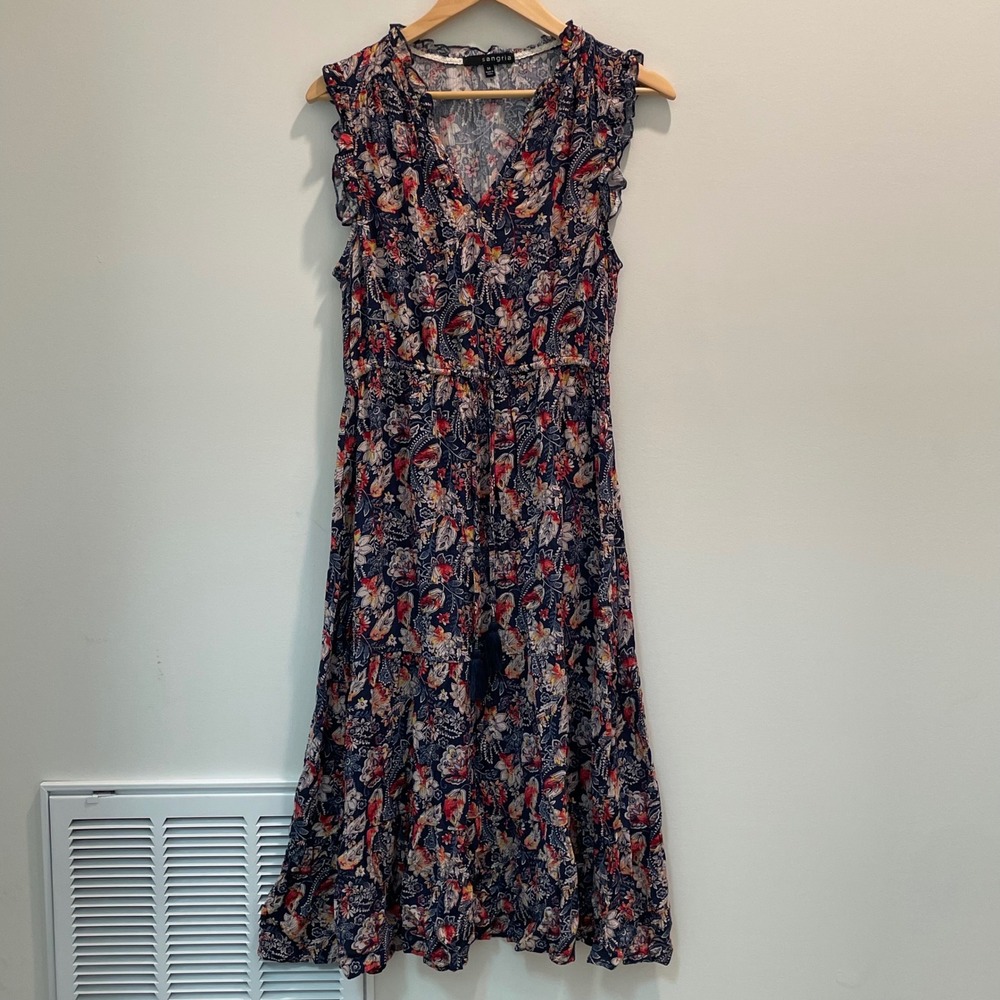 Sangria Navy Floral Paisley Ruffle Midi Dress Medium XBD8880DXQ Boho Tassel